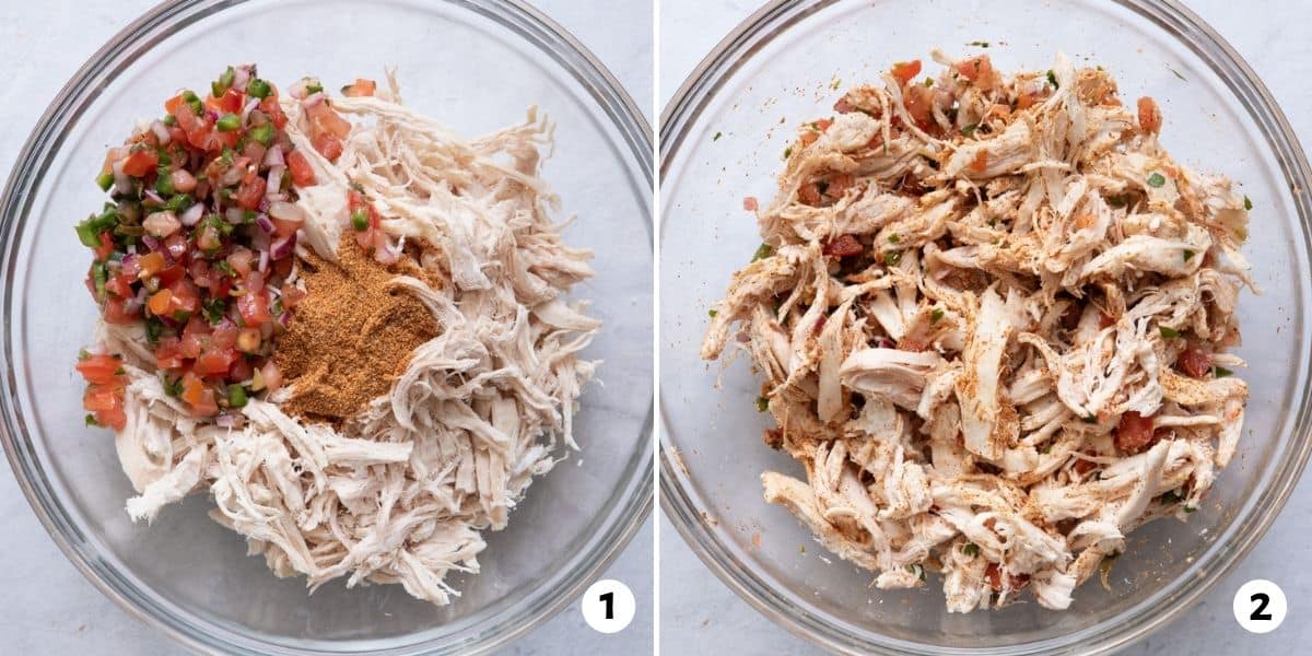 2 image collage of chicken shredded with recipe ingredients and mixed together.