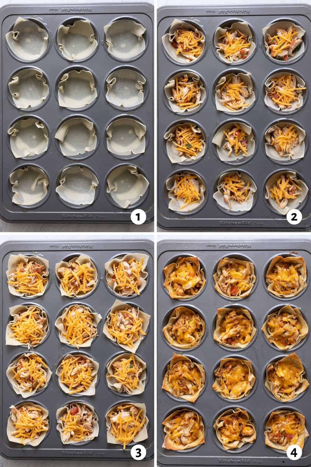 Process shots to show the taco cups stuffed, then with cheese added, then baked.
