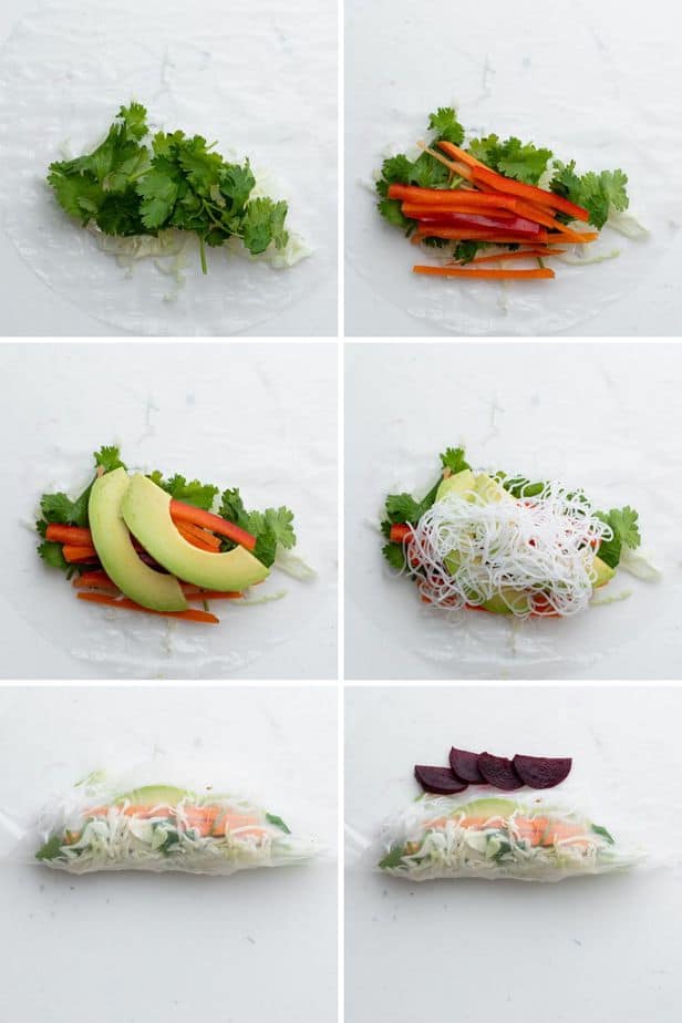 Process shots to show how to add the vegetables to the spring roll