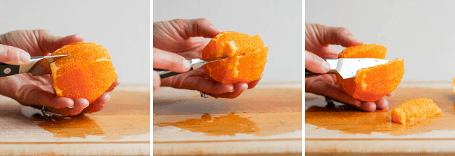 Step by step shots for how to segment an orange
