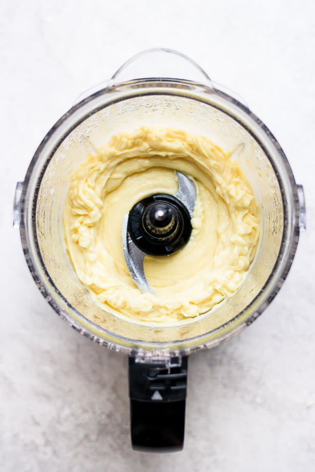 Top down view of the blended aioli sauce finished in the blender