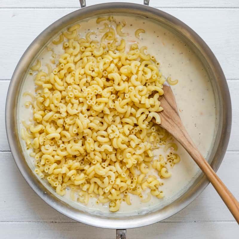 Pasta added to the pot.