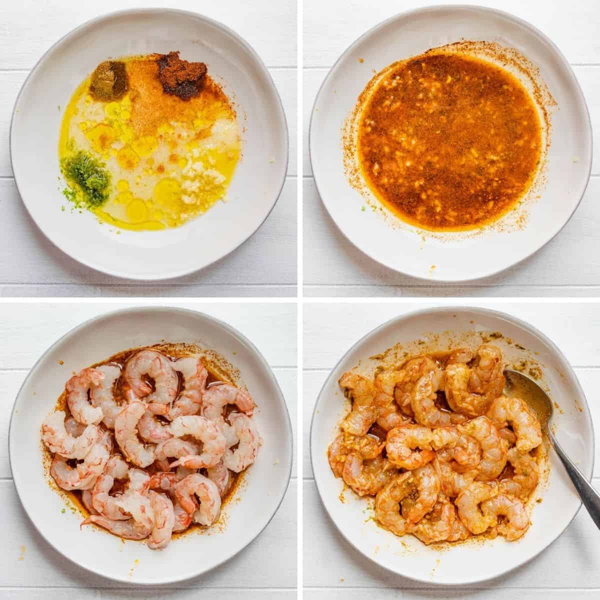 Steps to show how to make the marinade and mix with the shrimp all in one bowl