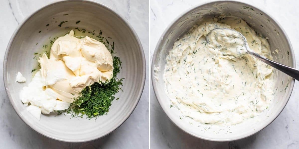 Collage of two images showing the ingredients to make the cream cheese mixture before and after mixing