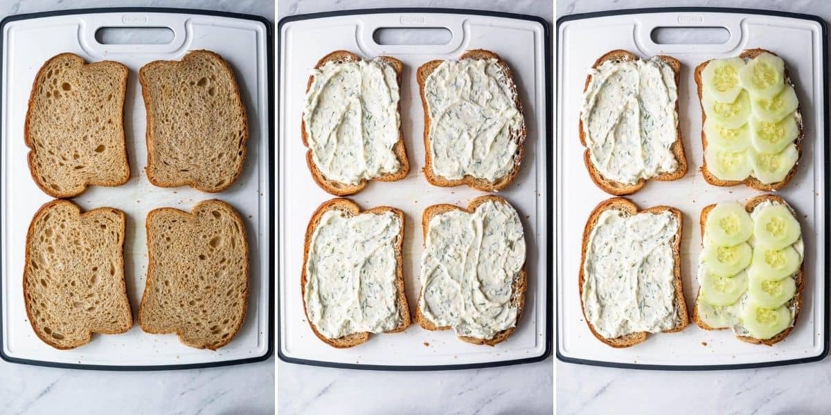 Collage of three images showing 4 slices of bread alone, then with the cream cheese mixture, then topped with cucumbers