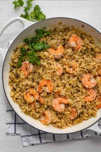 One pan shrimp and rice topped with cilantro