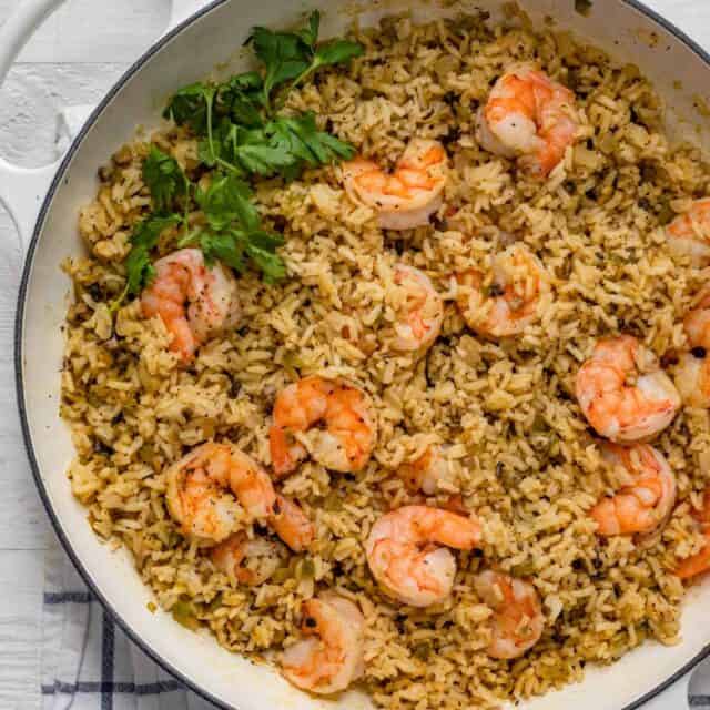 One pan shrimp and rice topped with cilantro