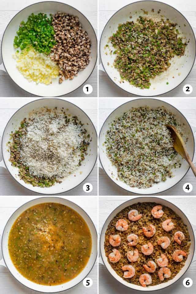 Steps for how to cook the vegetables, then add rice and spices, followed by broth and finally shrimp