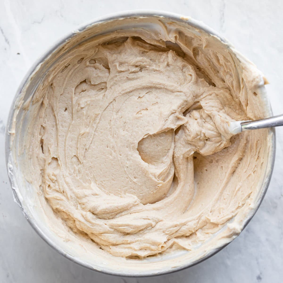 Peanut butter dip ingredients in a bowl after mixing.