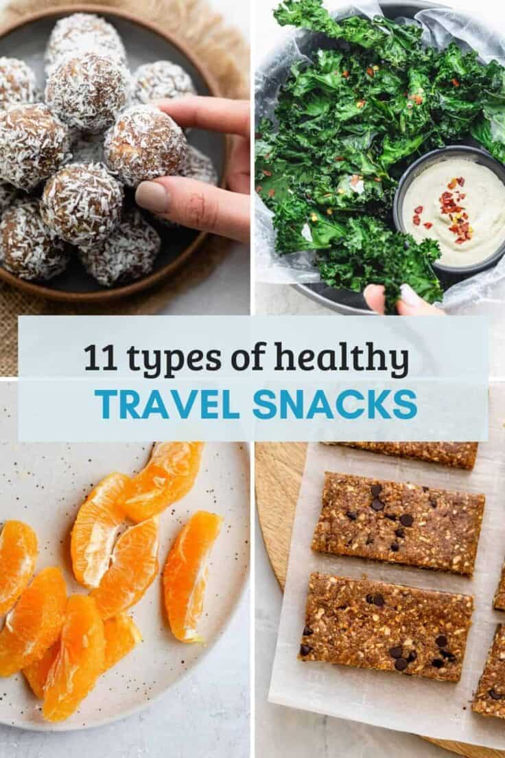 Collage of images for types of healthy travel snacks