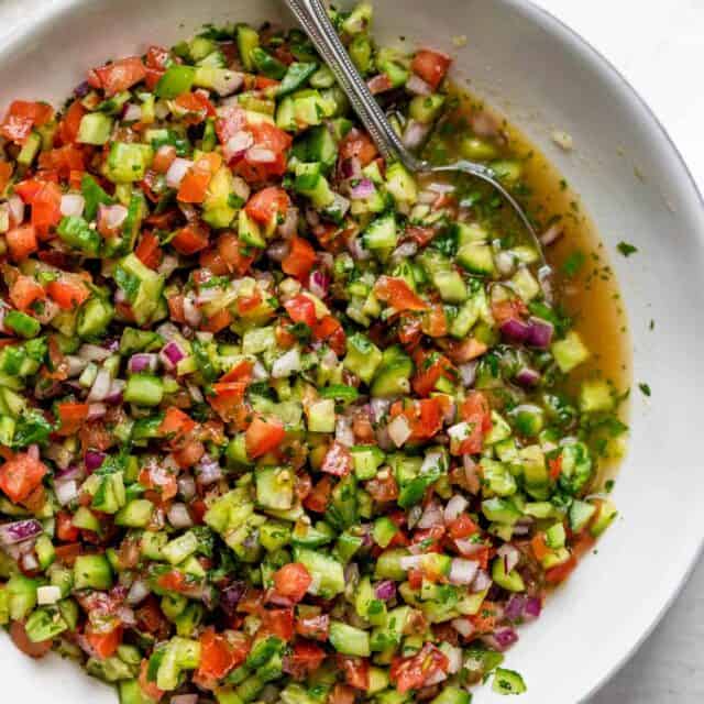 Close up shot of the shirazi salad in large serving bowl
