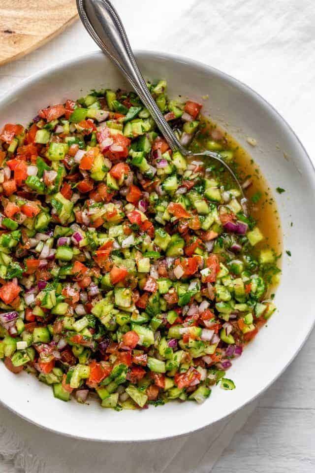 Close up shot of the shirazi salad in large serving bowl