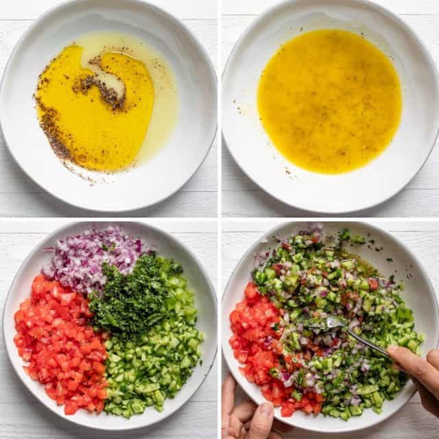 Collage of 4 images to show how to make the salad