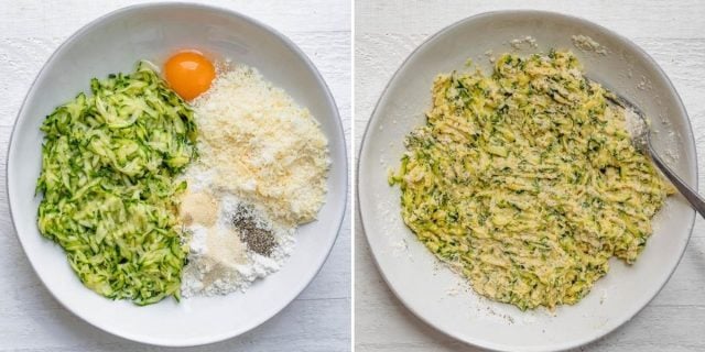 Process shots to show ingredients in a bowl before and after mixing