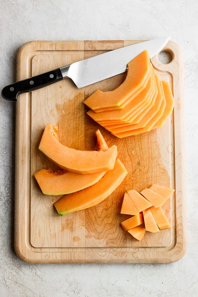 Melon cut into three shapes - wedges, slices and cubes