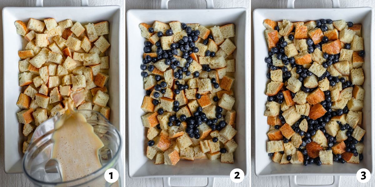 3 image process collage adding egg mixture to bread cubes, adding fresh blueberries on top, and after soaking in.