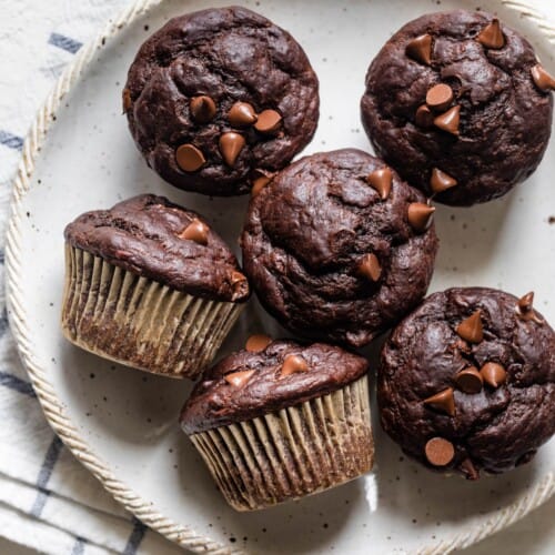 Chocolate banana muffins on a plate.
