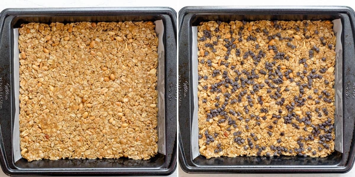 2 photos to show how the mixture looks pressed into the pan before and after the chocolate chips are added