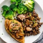 Plate of sauteed chicken with mushrooms, wild rice and broccoli