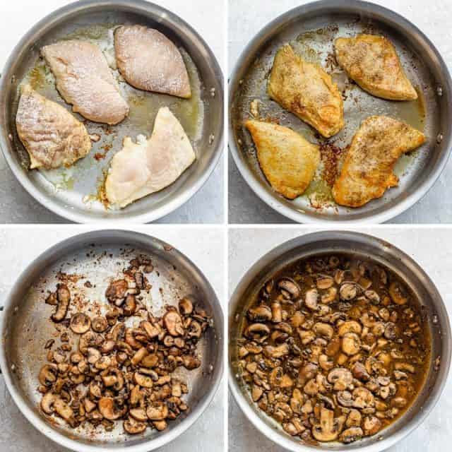 4 image collage showing how to cook the chicken, then cook the mushrooms and sauce