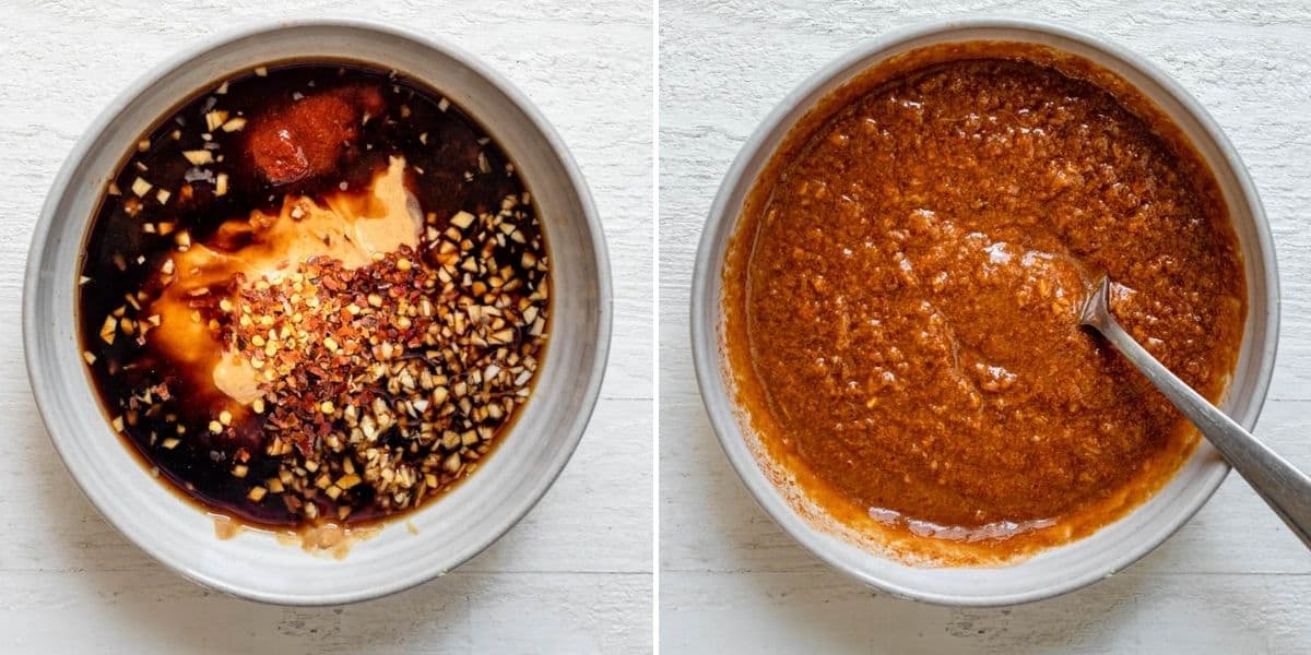 Collage of two images showing the sauce ingredients before and after mixing