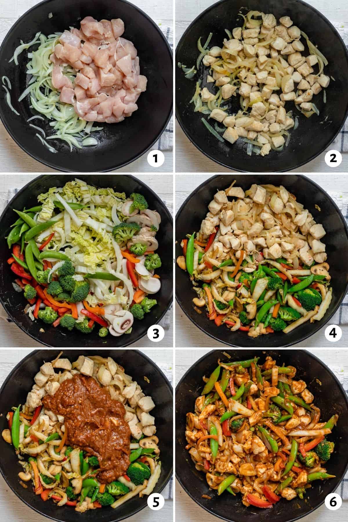 Collage of 6 images showing how to make the recipe in a wok