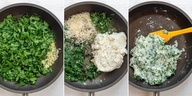 Steps to show how to cook the spinach ricotta mixture