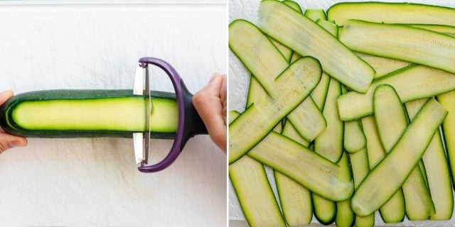 Prepping the zucchini for the recipe by peeling and then adding salt