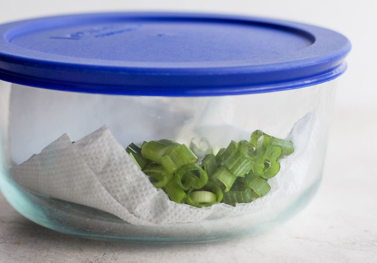 Stored in glass tupperware with blue lid