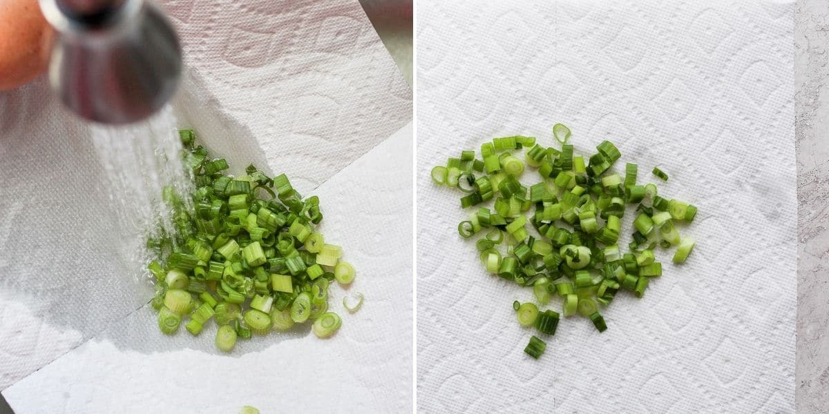 Two image collage of washing the green onions after cut and drying them
