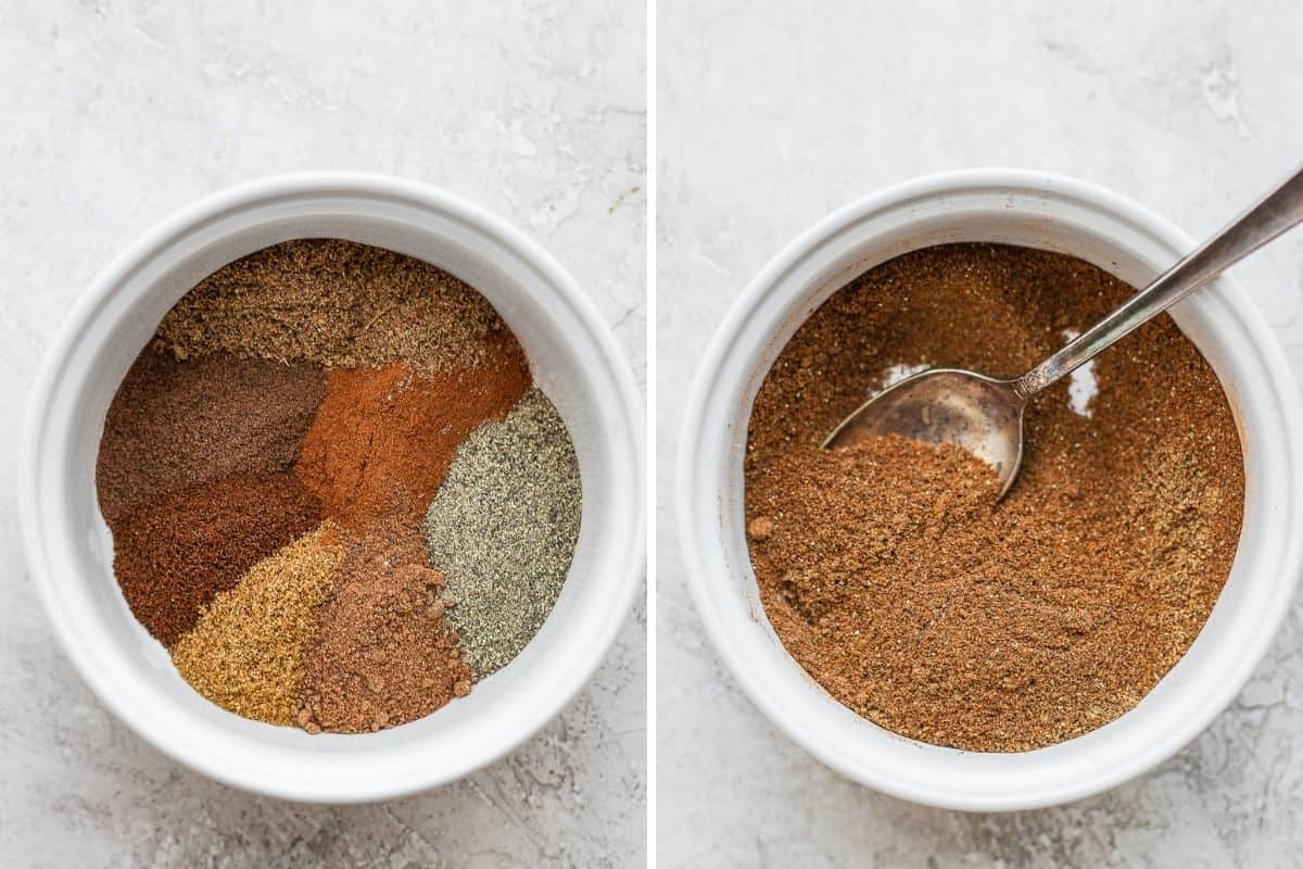 Two image collage showing all the spices together in one bowl before and after mixing