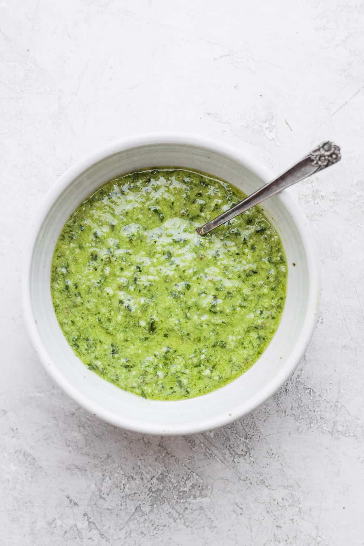 Bowl with homemade basil pesto