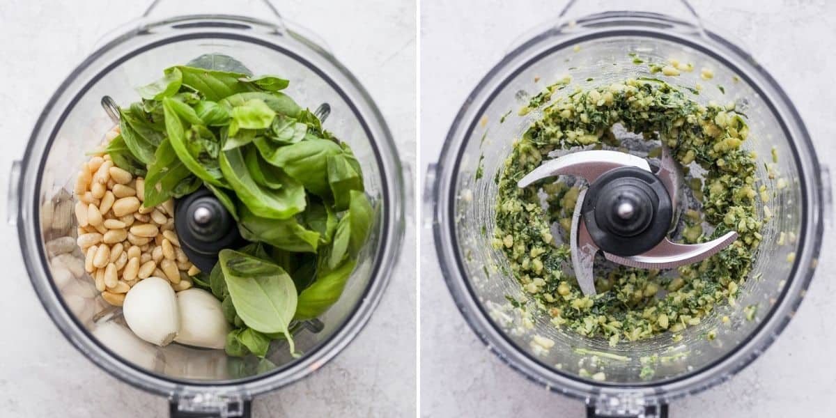 Easy Pesto in the KitchenAid 3.5 cup food processor. We call it a  “ChopChop”. We use it everyday at Sweet Gourmet and in our homes. Just put  2 cups