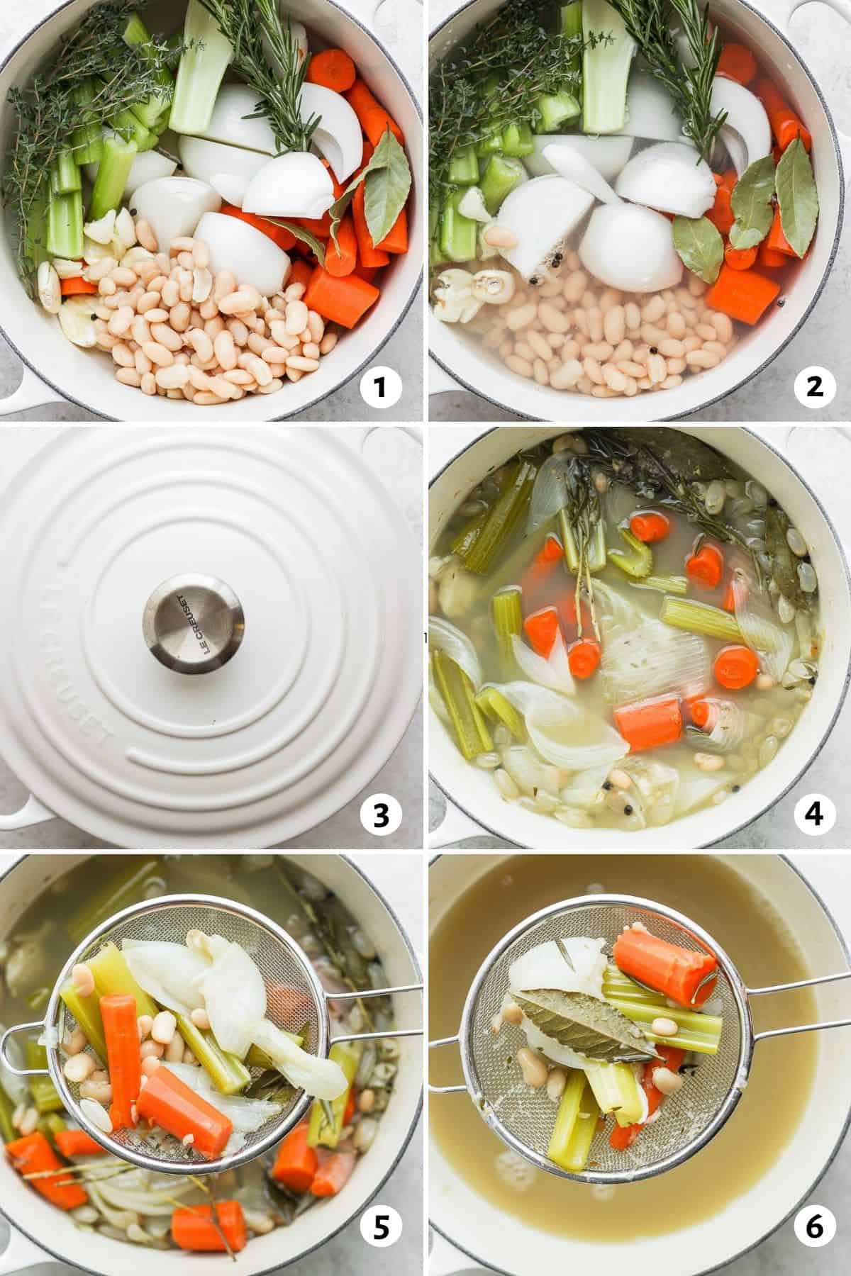 6 image collage showing a dutch oven with the ingredients in it and the steps to make the recipe