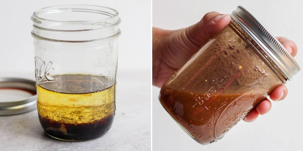 Two images showing process shots for how ingredients in jar and then shaking jar