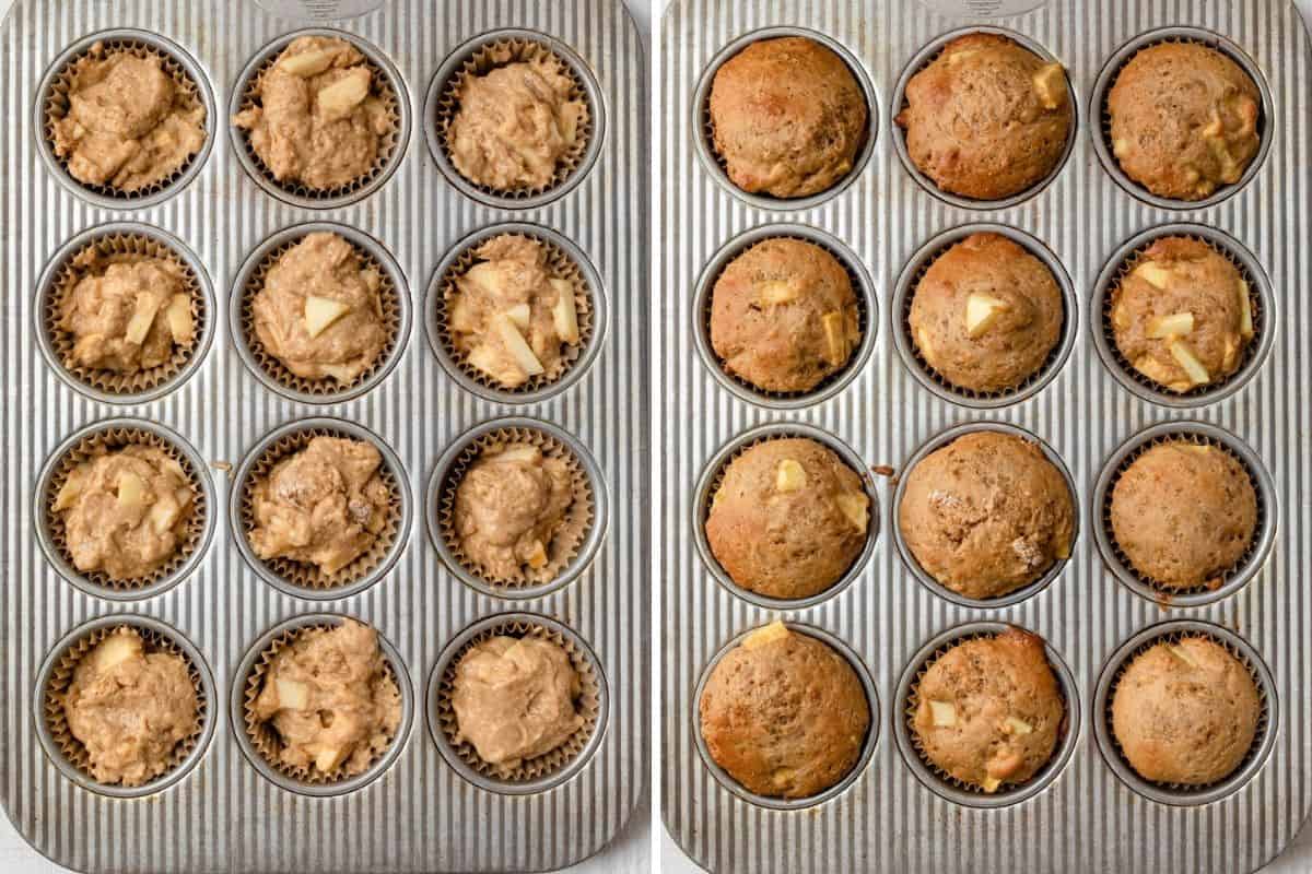 2 photo collage showing the muffins in a tin before and after baking