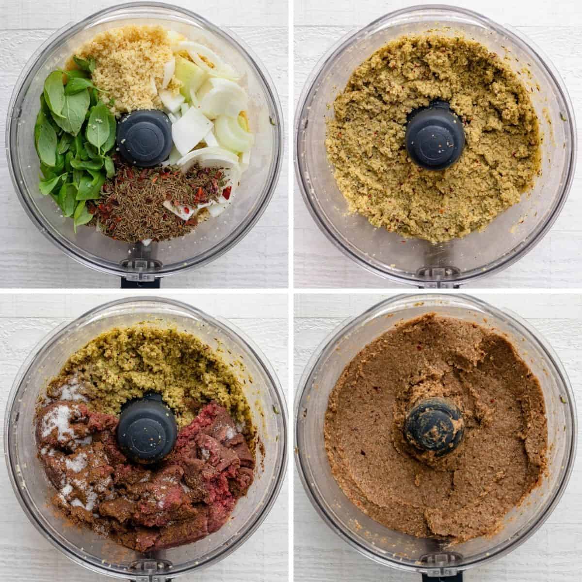 4 photo collage showing the kibbeh ingredients in a food processor, first the bulgur, onions and spices, then the mixture, next with beef and then the final outcome