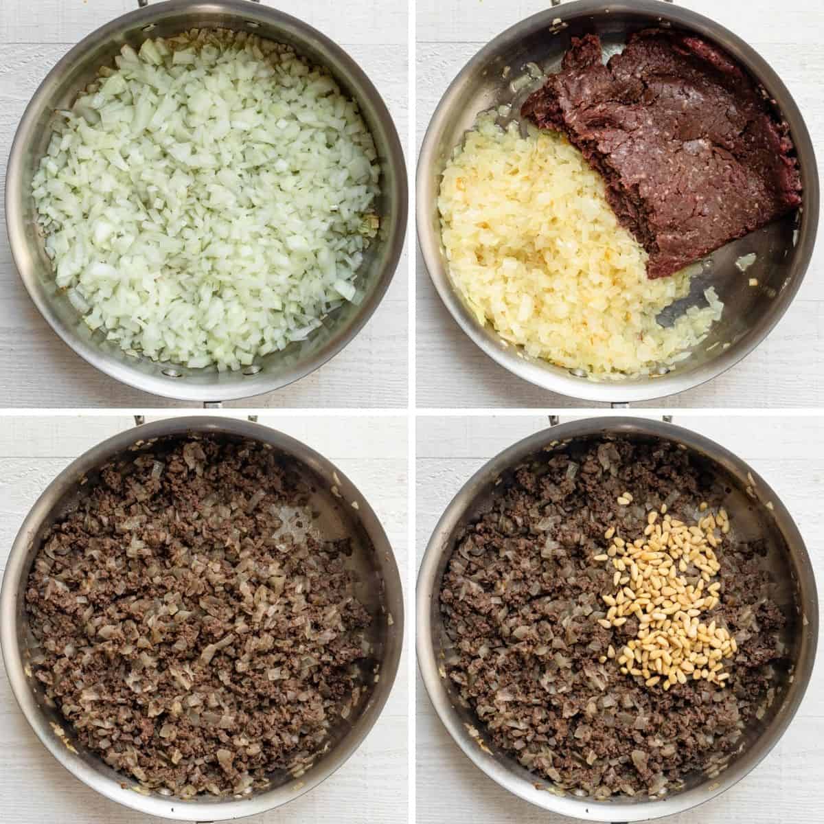 4 photo collage showing the hashweh mixture, starting with the onions, then beef, then spices and pine nuts