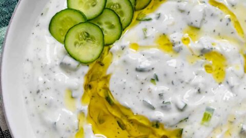 Large bowl of Lebanese yogurt sauce drizzled with olive oil