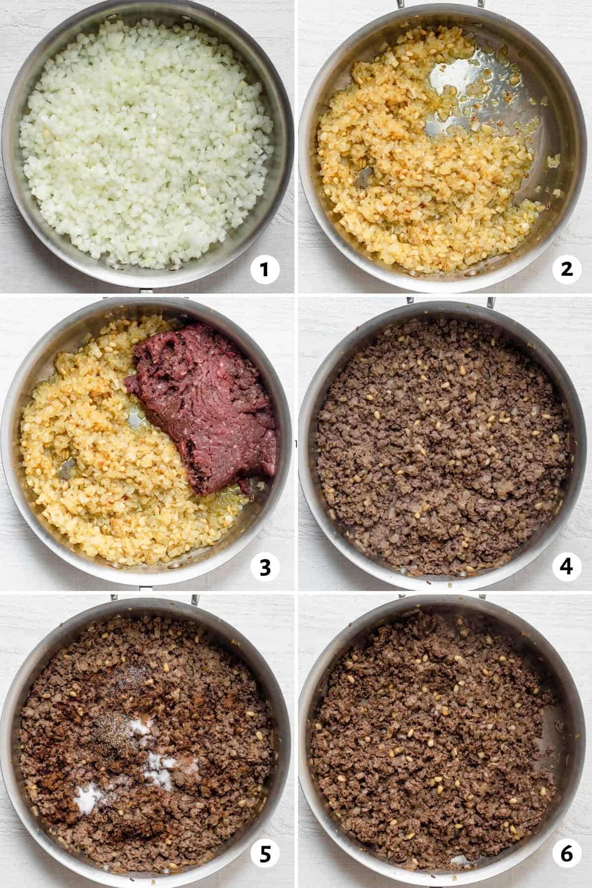 6 image collage to show how to make Lebanese ground beef with onions and spices