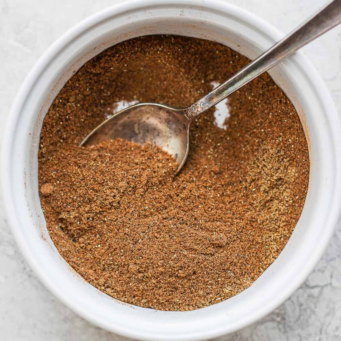 The ingredients to make seven spice in a bowl after mixing.