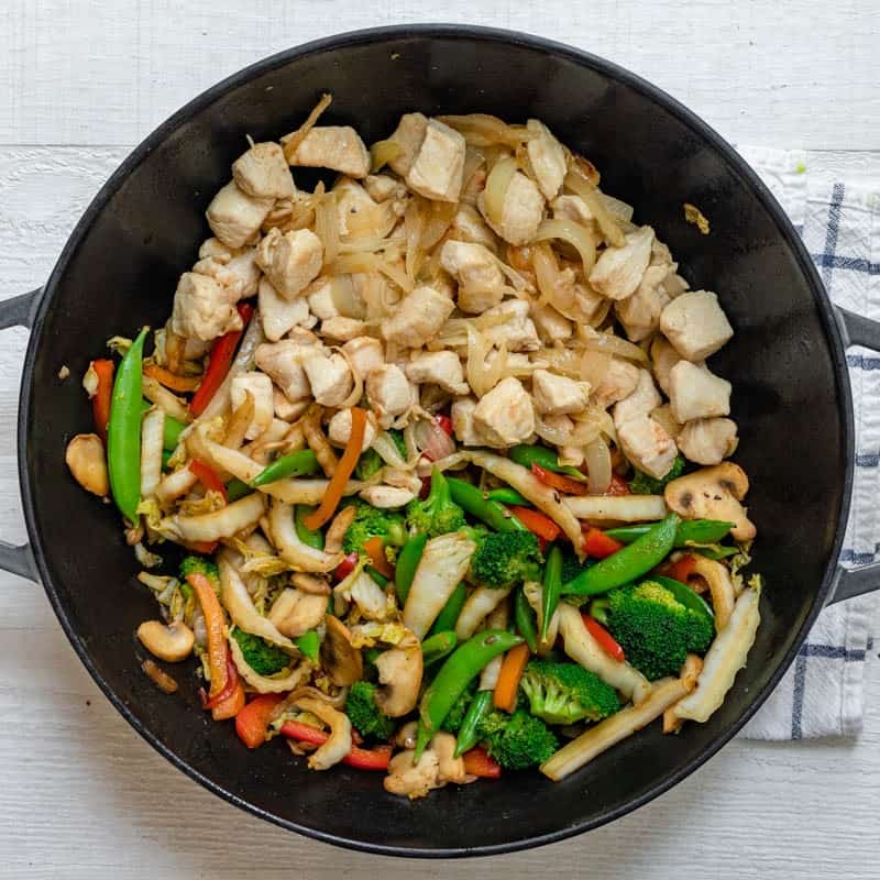 Vegetables after cooking with chicken added back to the pot.