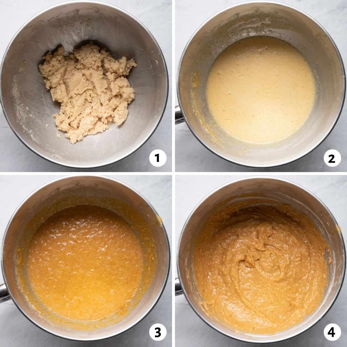 4 image collage to show the batter from the initial butter and sugar to the final mixture
