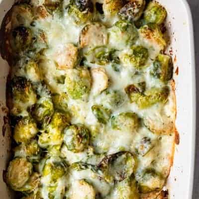Brussel Sprout Casserole after baking in the oven with cheesy top