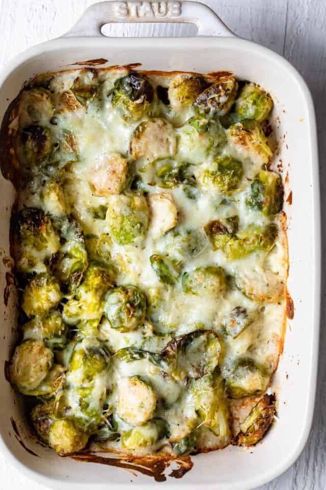Brussel Sprout Casserole after baking in the oven with cheesy top