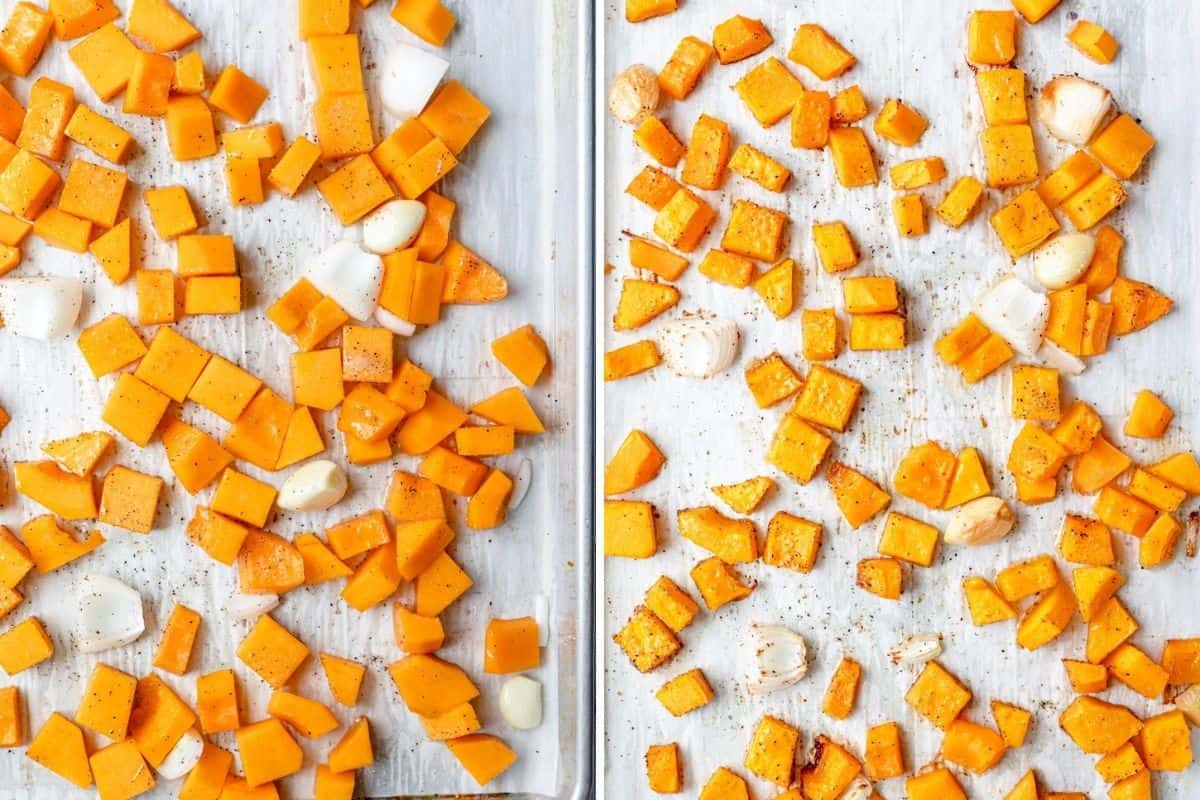 2 image collage showing butternut squash cubes, onions and garlic before/after roasting