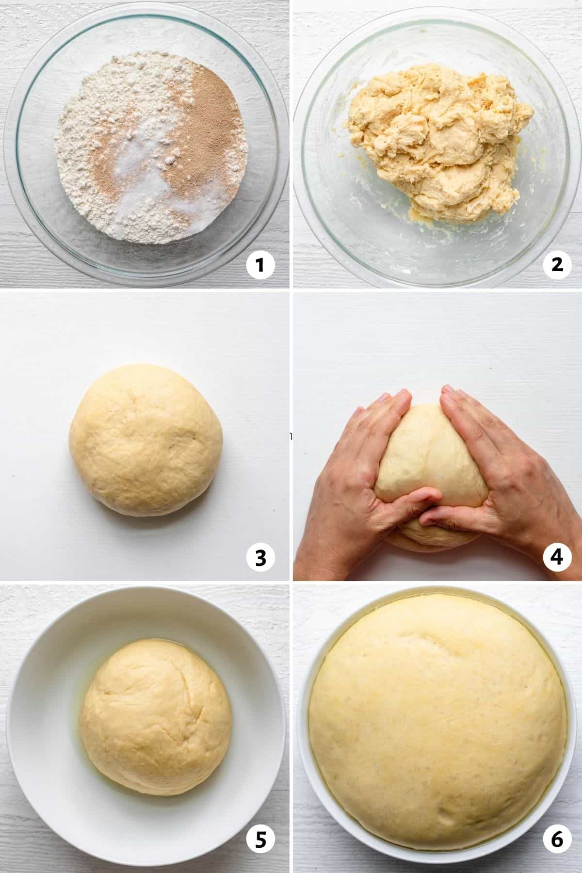 6 image collage showing the steps to make the dough from mixing the flour to kneading dough and letting it rise