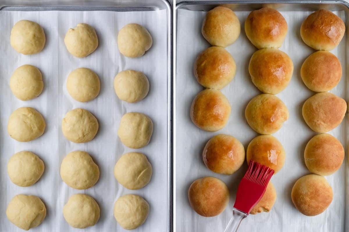 2 image collage showing the rolls before and after baking