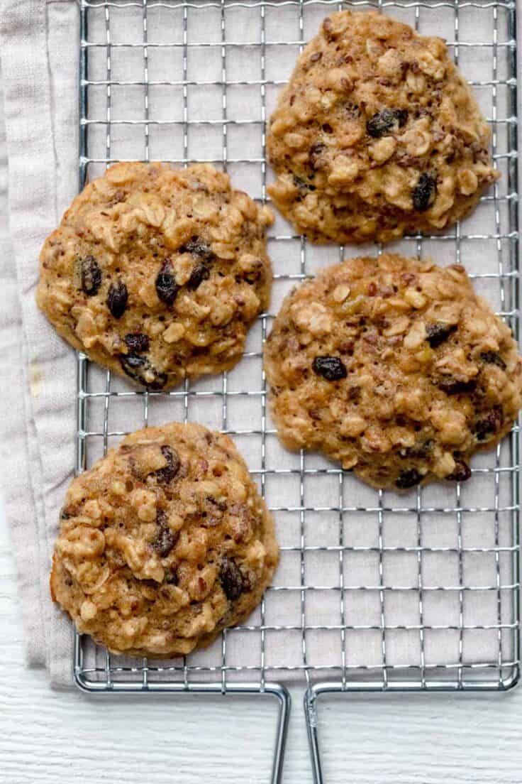 4 large oatmeal breakfast cookies on wire rack cooling