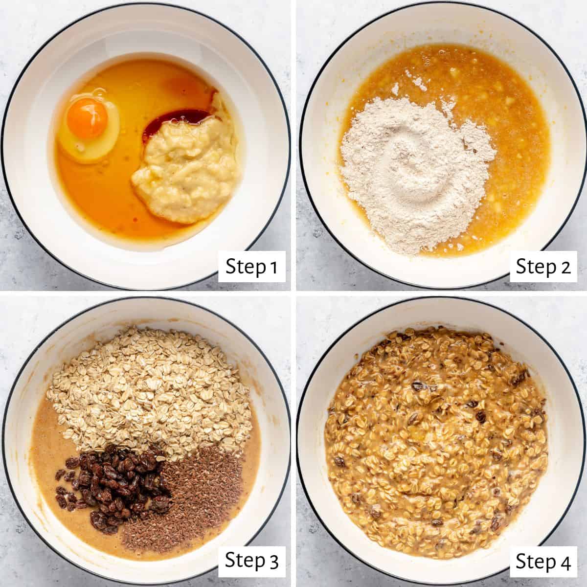 4 image collage making recipe: 1- Banana, maple syrup, oil, egg, and vanilla in a bowl before combining, 2- after wet ingredients combined, with dry flour mixture added o top, 3- after combined with oats, raisins, and flax seed added, 4- final dough.
